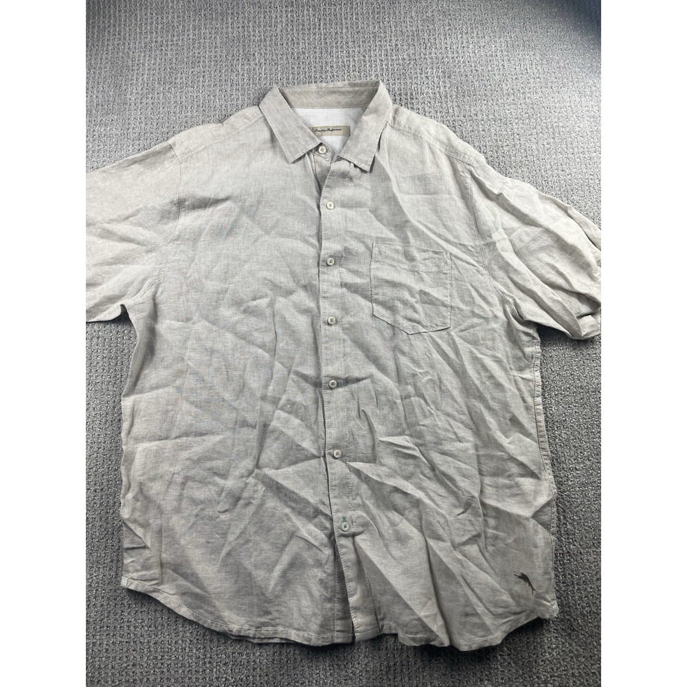 Tommy Bahama Shirt Mens XL Button Front Short Sleeve 100% Linen Ivory Gray